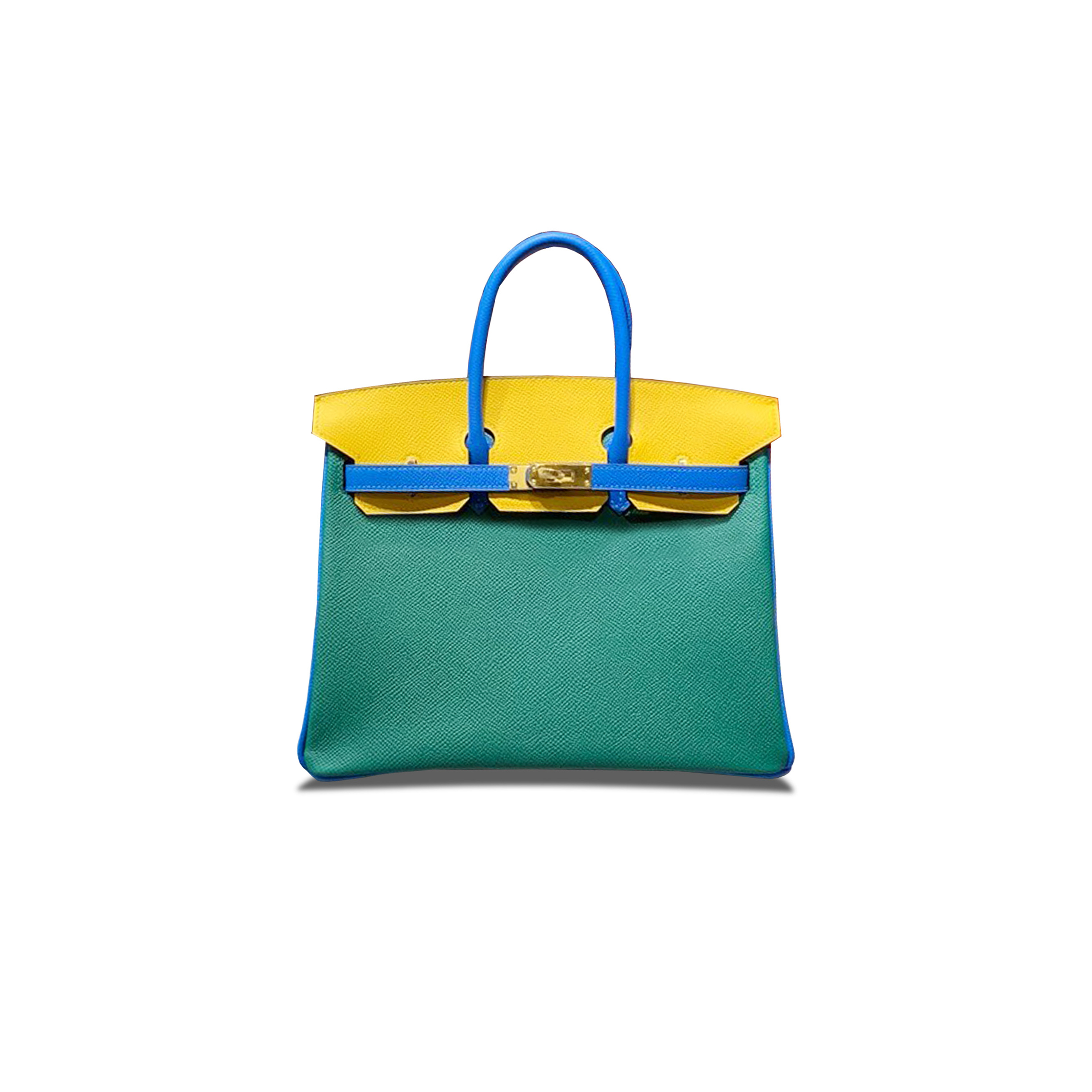 HERMES MASTER BIRKIN 25 EPSOM MALACHITE GREEN AQUA BLUE AND AMBER YELLOW WITH GOLD BUCKLE H028362CC05 (25*18*13cm)